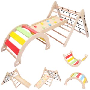 toddler indoor gym playset, 3-in-1 wooden climbing toys, triangle folding climbing for climbing & sliding for boys and girls,18m+