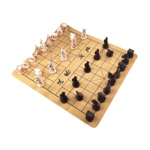 Traditional Chinese Xiangqi Portable Chess Set,Travel Board Game Set with Resin Chess Pieces and Leather Chessboard