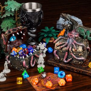 DND Mimic & Octopus Chest Box with Polyhedral Mystery Dice Set - Medieval Resin Cthulhu Dice Storage Case Perfect for Dungeons and Dragons, Board Game, Tabletop RPG and Gaming Accessories