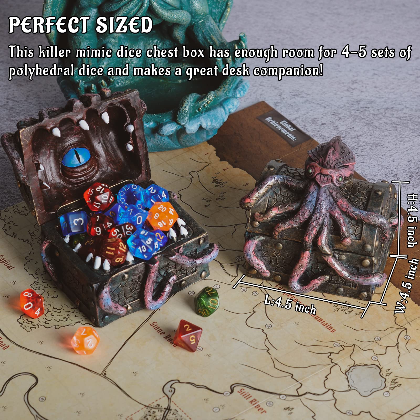 DND Mimic & Octopus Chest Box with Polyhedral Mystery Dice Set - Medieval Resin Cthulhu Dice Storage Case Perfect for Dungeons and Dragons, Board Game, Tabletop RPG and Gaming Accessories