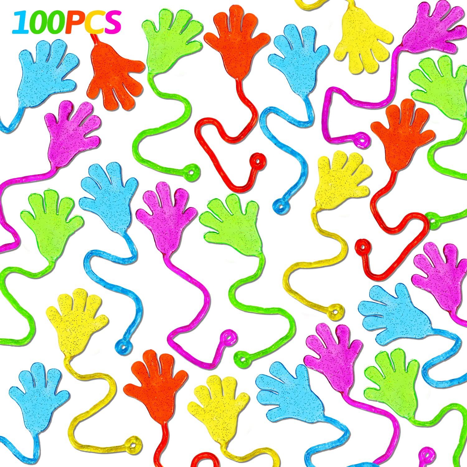 100PCS Glitter Sticky Hands Party Favors for Kids Birthday Supplies Halloween Goodie Bag Stuffers Classroom Treasure Box Carnival Prizes Bulk Treat Gift Trinkets Pinata Filler Stuff Mini Stretchy Toys