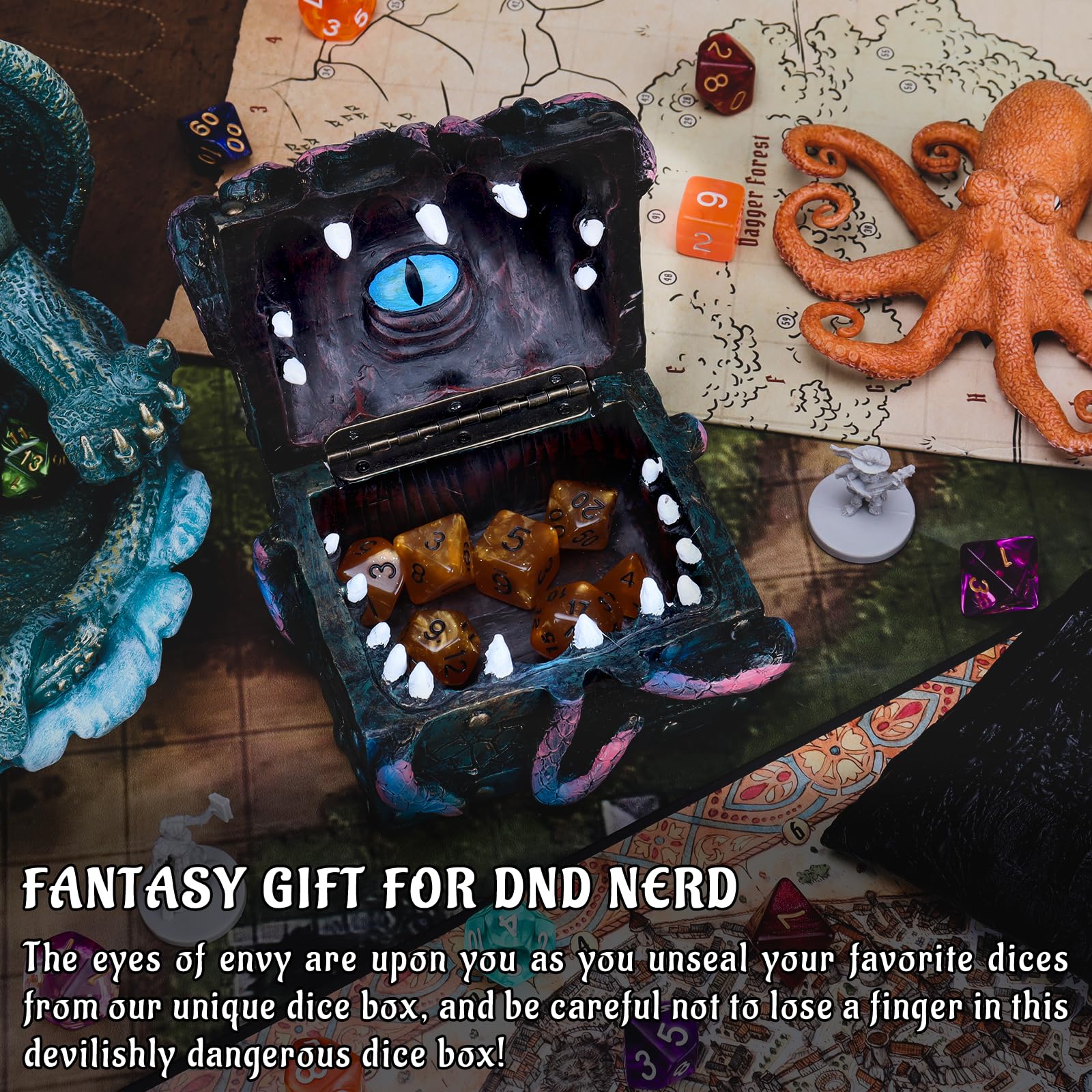 DND Mimic & Octopus Chest Box with Polyhedral Mystery Dice Set - Medieval Resin Cthulhu Dice Storage Case Perfect for Dungeons and Dragons, Board Game, Tabletop RPG and Gaming Accessories