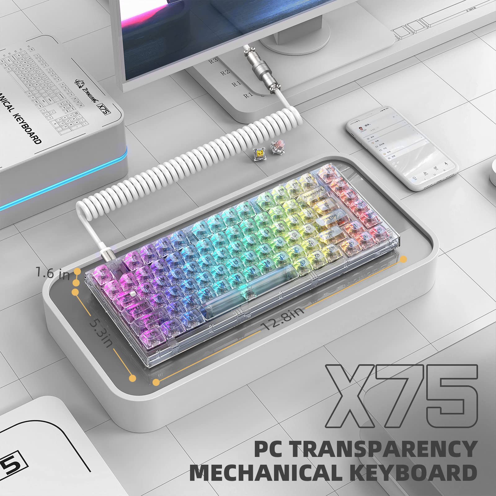 ATTACK SHARK X75 Hotswap Mechanical Gaming Keyboard with USB C Coiled Cable,TKL Tactile Switch,RGB LED,Gasket Mounted,Custom OSA Profile Clear Keycaps for PS4 PS5 Xbox Mac PC Gamer(White,Outemu)