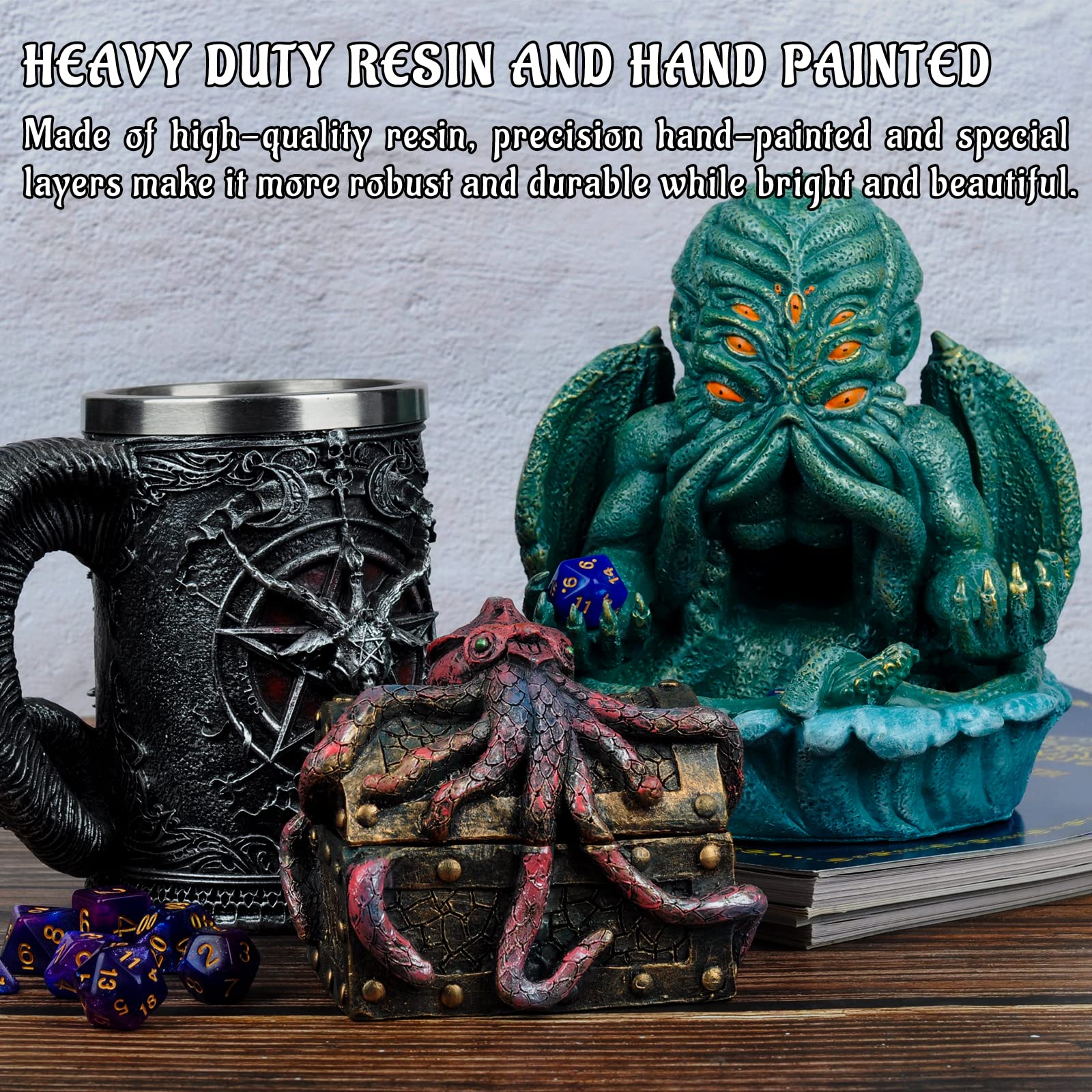 DND Mimic & Octopus Chest Box with Polyhedral Mystery Dice Set - Medieval Resin Cthulhu Dice Storage Case Perfect for Dungeons and Dragons, Board Game, Tabletop RPG and Gaming Accessories