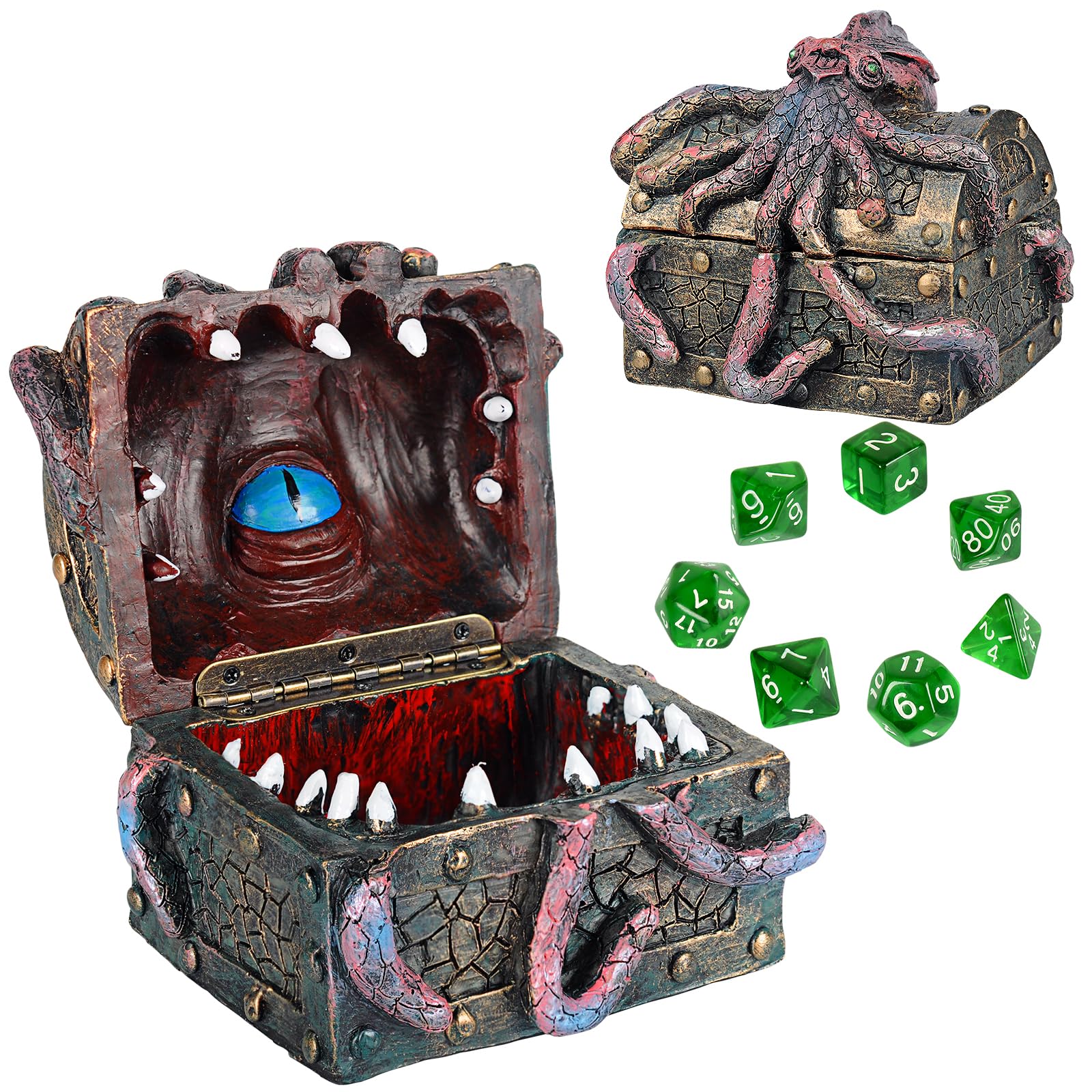 DND Mimic & Octopus Chest Box with Polyhedral Mystery Dice Set - Medieval Resin Cthulhu Dice Storage Case Perfect for Dungeons and Dragons, Board Game, Tabletop RPG and Gaming Accessories