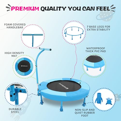 SkyBound 36 Inch Indoor Trampoline for Kids - Kids Trampoline Indoor with Handle - Toddler Trampoline with Upgraded 2.0mm Steel Pipe and Handlebar - Mini Indoor Trampoline for Kids Age 3+ (Blue)