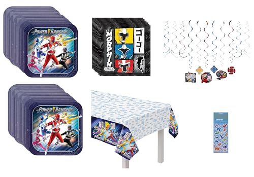 Power Rangers Birthday Party Supplies Bundle Pack includes Lunch Plates, Napkins, Table Cover, 12 Piece Hanging Swirl Decorations (Bundle for 16)