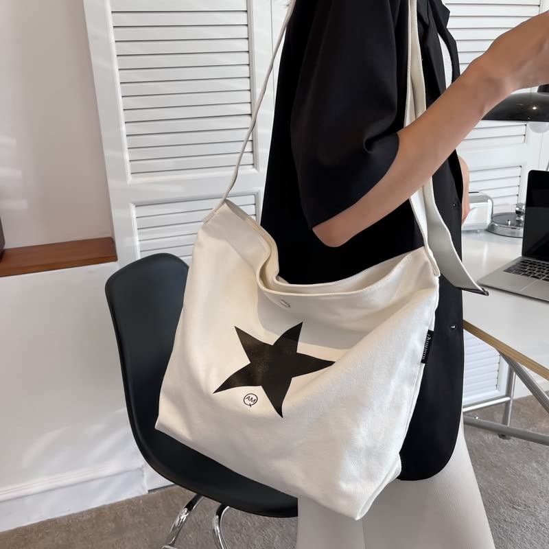 Y2k Women Star Canvas Shoulder Bags Casual Large Size Travel Bags Shoulder Bags Cross Body Bags Work Bag Crossbody (white)