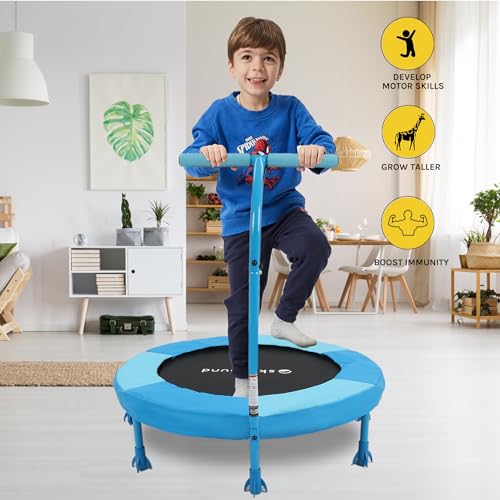 SkyBound 36 Inch Indoor Trampoline for Kids - Kids Trampoline Indoor with Handle - Toddler Trampoline with Upgraded 2.0mm Steel Pipe and Handlebar - Mini Indoor Trampoline for Kids Age 3+ (Blue)