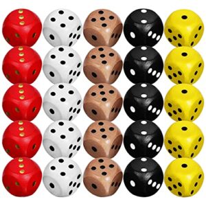 nuobesty 25pcs 16mm game dice set, 6 sided dice 5 colors rounded corner dot dice wooden standard game dice for classroom math teaching board games