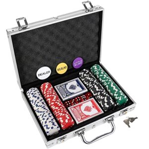 luobao 200pcs poker chips set for texas holdem,blackjack, tournaments with aluminum case,2 decks of cards, dealer, small blind, big blind buttons and 5 dice,11.5 gram