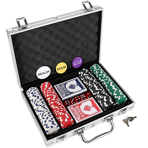 LUOBAO 200Pcs Poker Chips Set for Texas Holdem,Blackjack, Tournaments with Aluminum Case,2 Decks of Cards, Dealer, Small Blind, Big Blind Buttons and 5 Dice,11.5 Gram