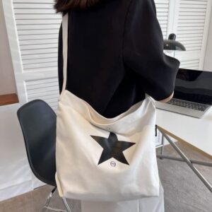 Y2k Women Star Canvas Shoulder Bags Casual Large Size Travel Bags Shoulder Bags Cross Body Bags Work Bag Crossbody (white)