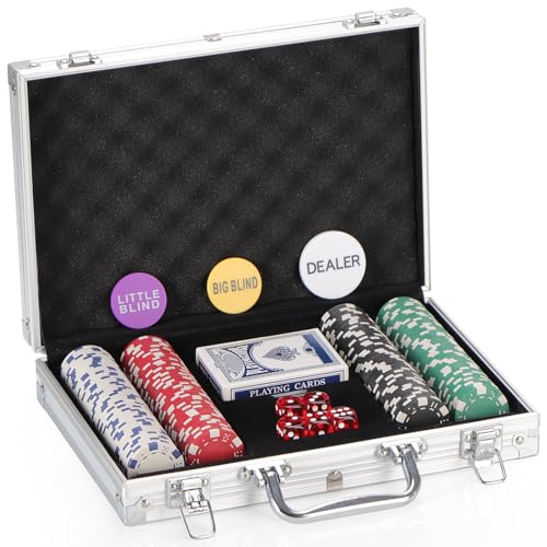 LUOBAO 200Pcs Poker Chips Set for Texas Holdem,Blackjack, Tournaments with Aluminum Case,2 Decks of Cards, Dealer, Small Blind, Big Blind Buttons and 5 Dice,11.5 Gram