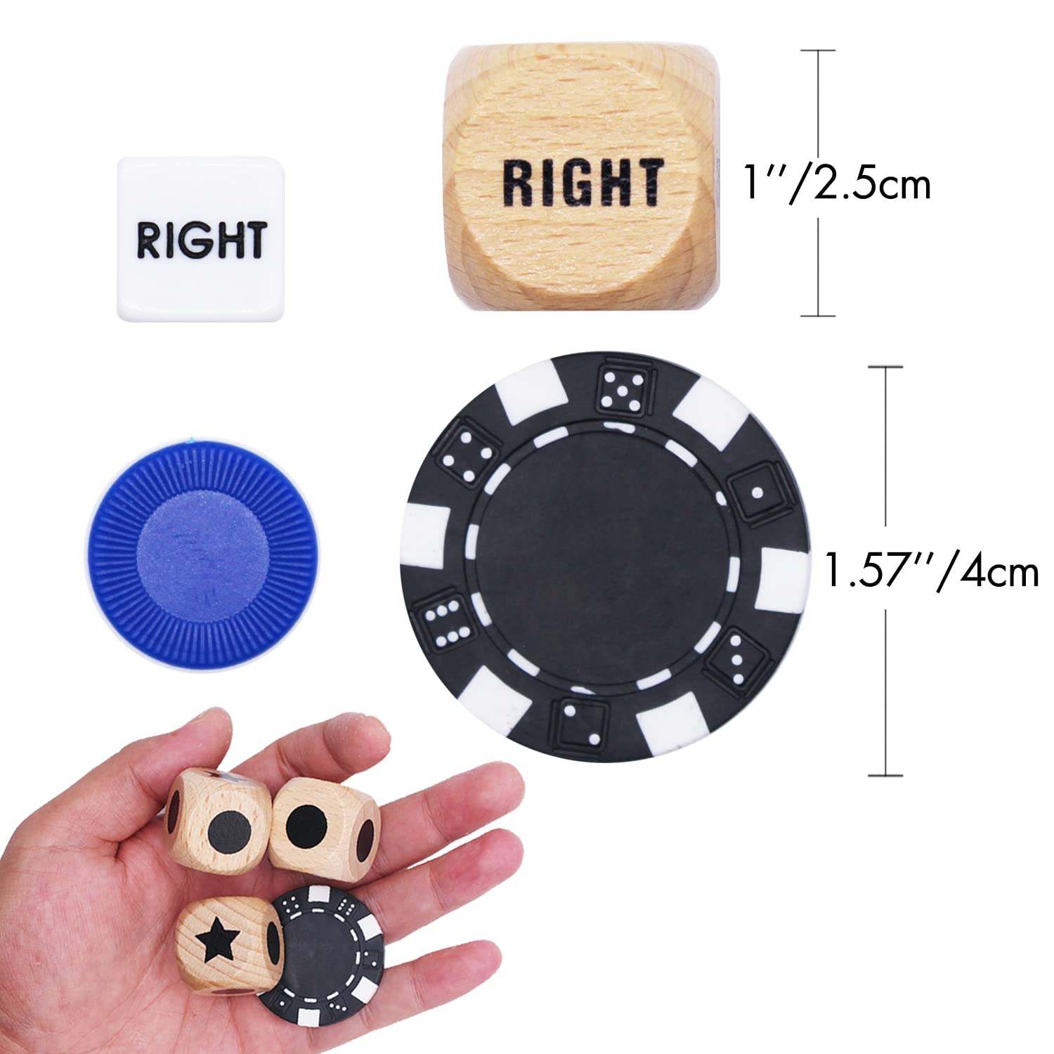 Bilywey Upgrade Left Right Center Dice Game Set with 3Pcs Beech Wood Dices + 36Pcs 11.5g Poker Chips (Black)