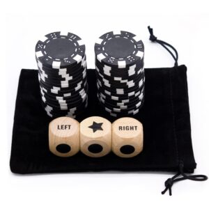 bilywey upgrade left right center dice game set with 3pcs beech wood dices + 36pcs 11.5g poker chips (black)