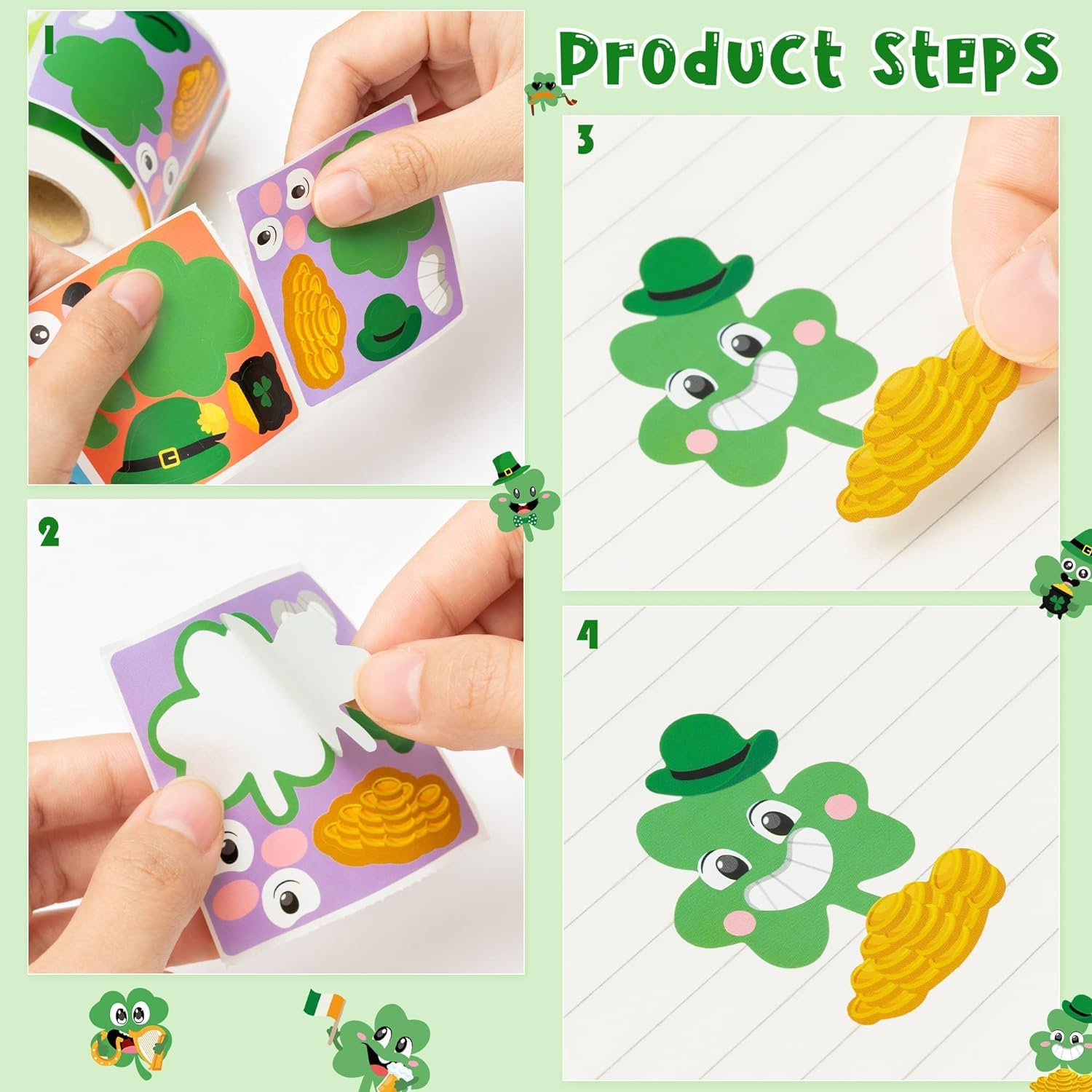 Haooryx 300PCS St Patrick’s Day Sticker Scene Roll Make Your Own Irish Shamrock Face Stickers DIY Lucky Clover Self Adhesive Sticker Art Craft for Kids Sticker Game St Patrick Party Favor Gift Supply