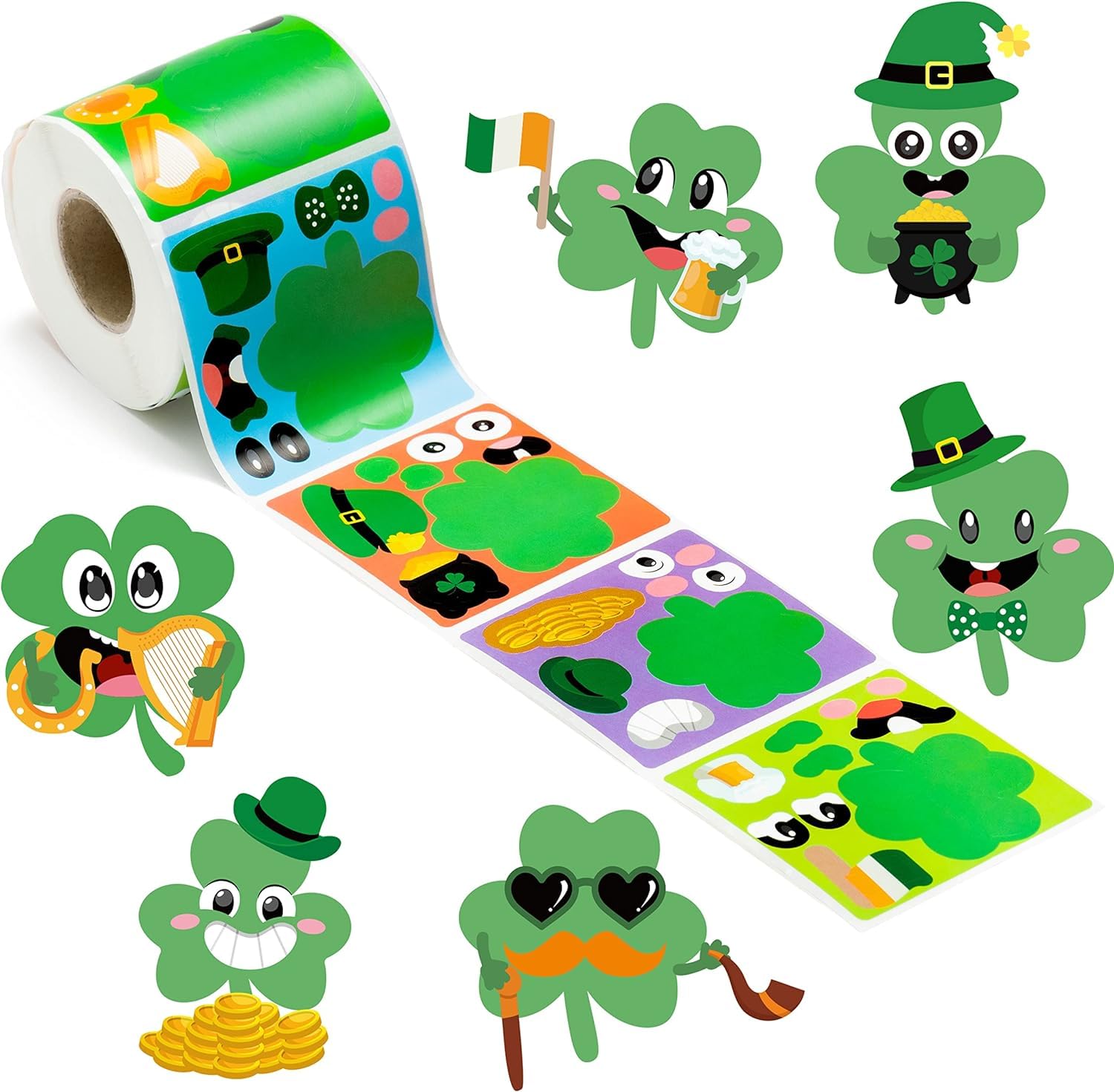 Haooryx 300PCS St Patrick’s Day Sticker Scene Roll Make Your Own Irish Shamrock Face Stickers DIY Lucky Clover Self Adhesive Sticker Art Craft for Kids Sticker Game St Patrick Party Favor Gift Supply