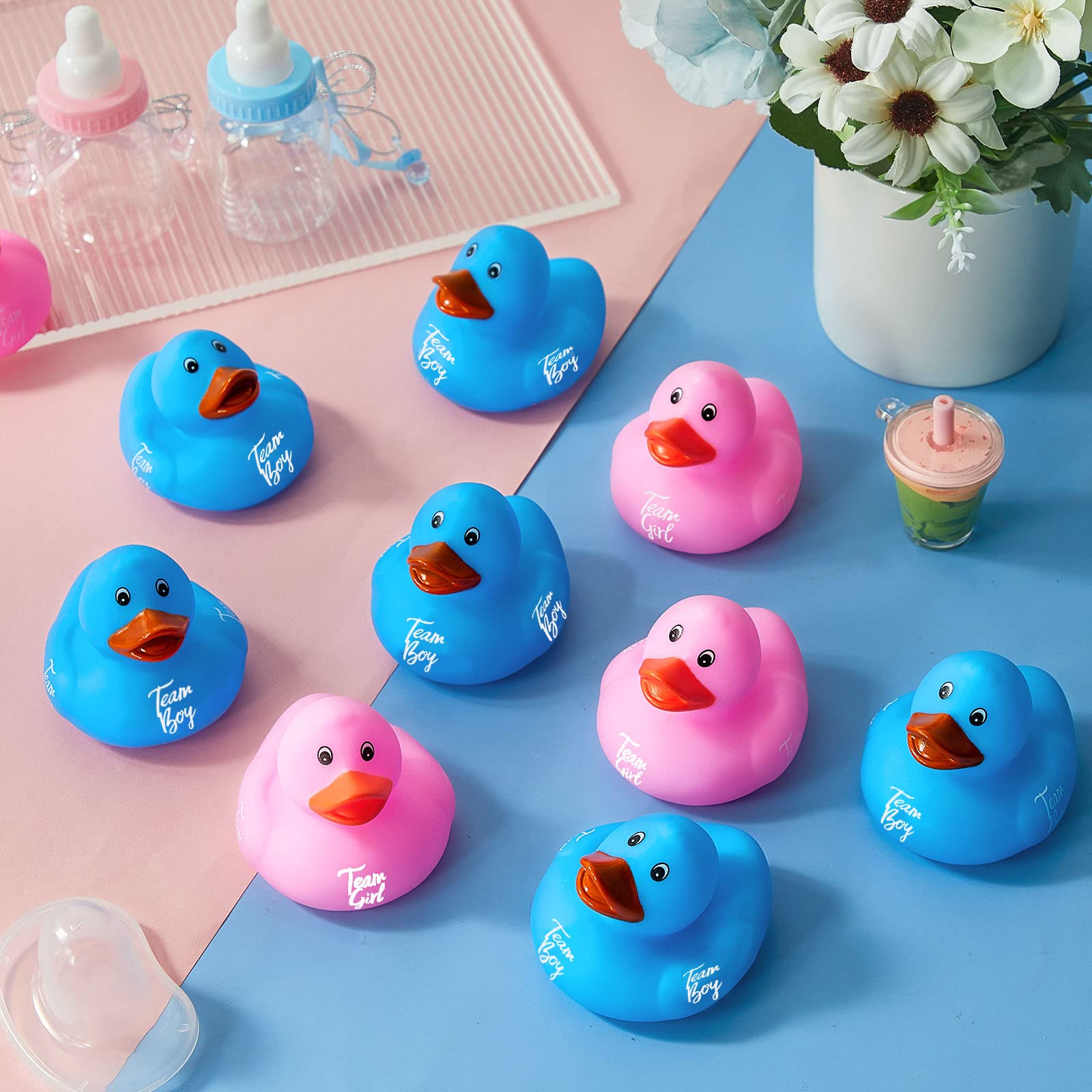 24 Pieces Pink Blue Gender Reveal Rubber Ducks in Bulk Mini Ducky Bath Toys Team Girl Team Boy Small Ducks for Baby Shower Gender Reveal Party Favor Decorations