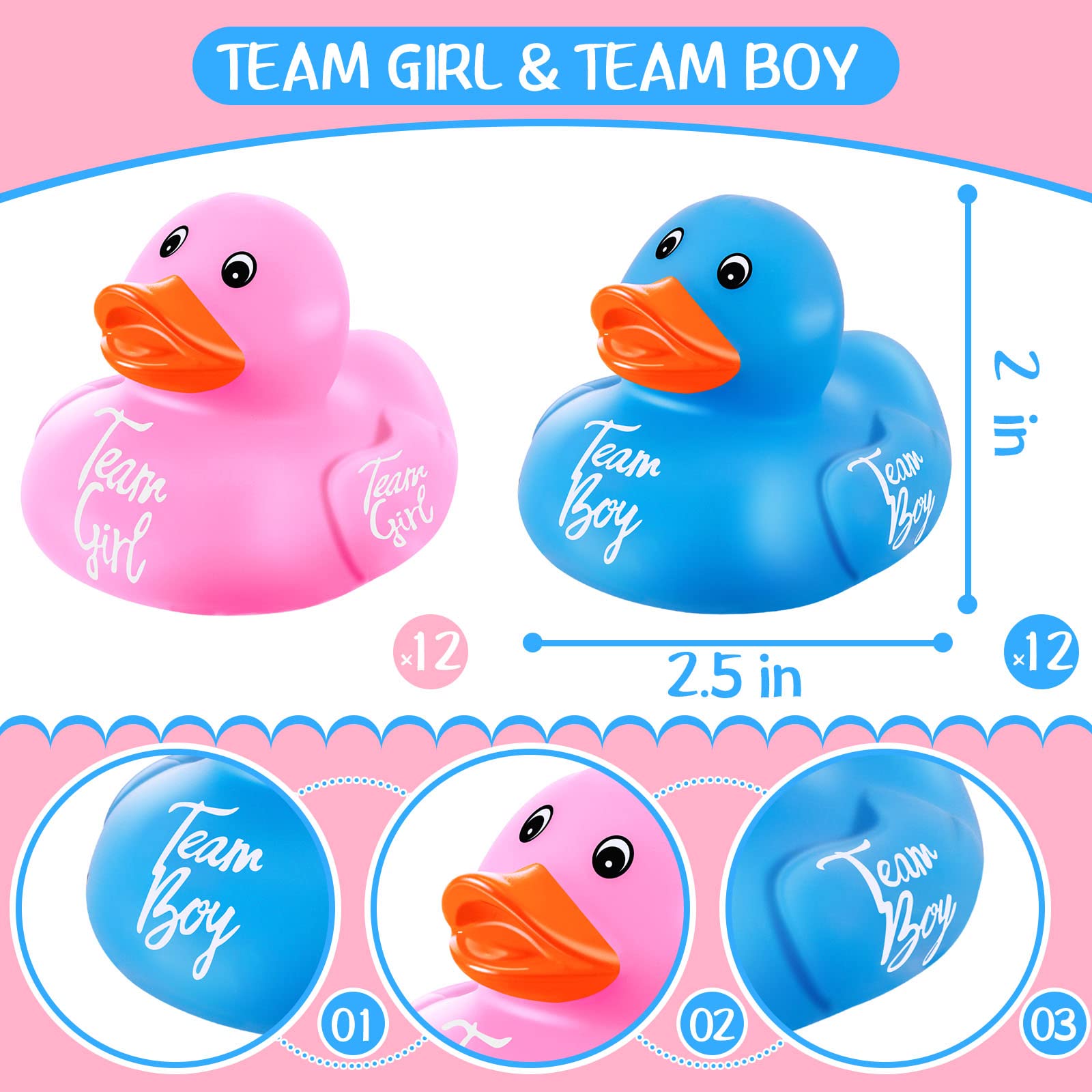 24 Pieces Pink Blue Gender Reveal Rubber Ducks in Bulk Mini Ducky Bath Toys Team Girl Team Boy Small Ducks for Baby Shower Gender Reveal Party Favor Decorations