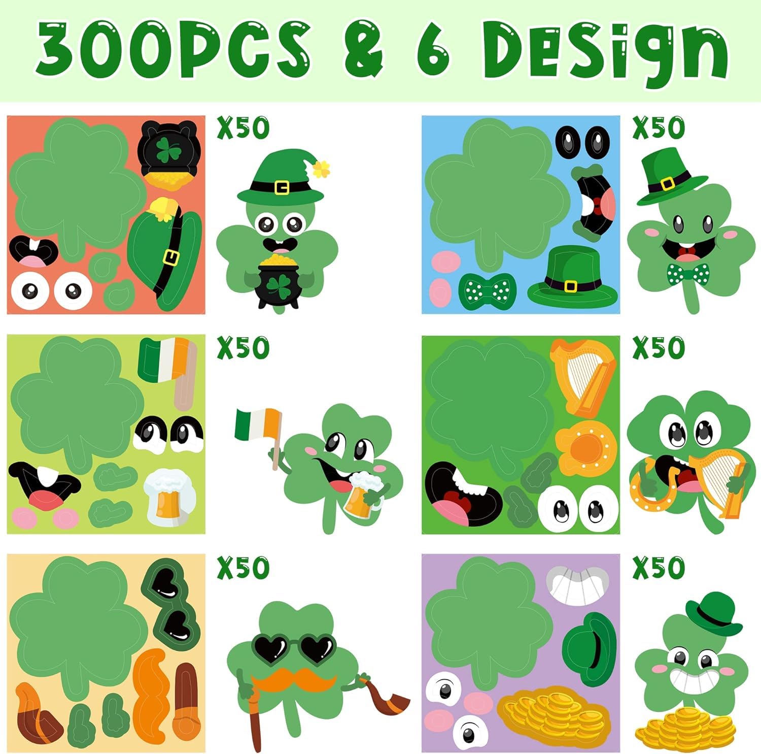 Haooryx 300PCS St Patrick’s Day Sticker Scene Roll Make Your Own Irish Shamrock Face Stickers DIY Lucky Clover Self Adhesive Sticker Art Craft for Kids Sticker Game St Patrick Party Favor Gift Supply