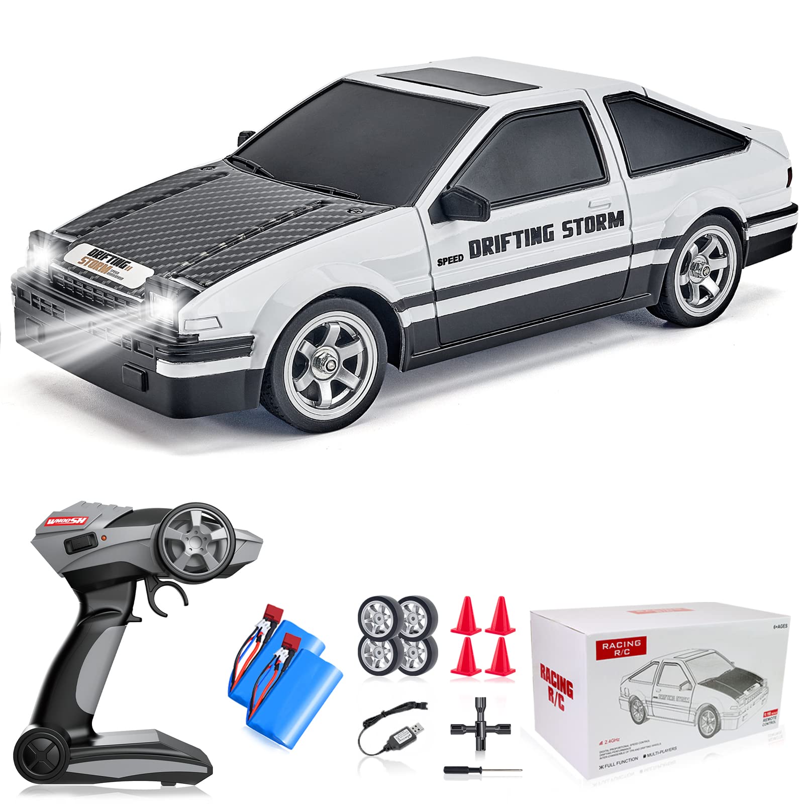 YUAN PLAN RC Drift Cars for Adults, 1/16 2.4GHz 4WD RC Cars RTR Drift Car High Speed Remote Control Cars Vehicle with LED Lights Two Batteries and Drift Tires Racing Sport Toy Cars for Boys Kids