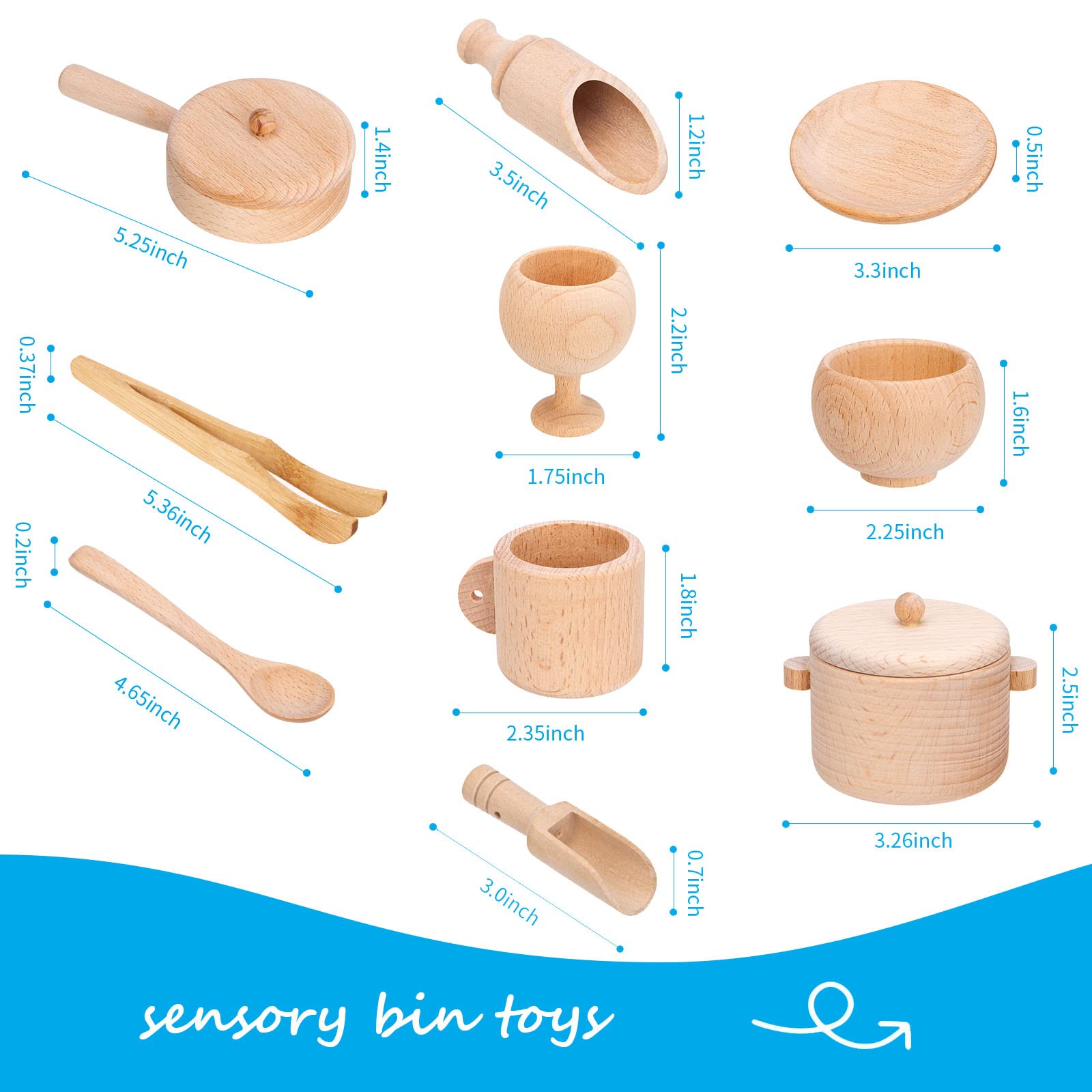 Timfuis Sensory Bin Tools - Montessori Fine Motor Skills Learning Waldorf Toys for Toddlers and Kids Pretend Play - Wooden Scoops and Tongs for Transfer Work and Fine Motor Learning (11Pcs)