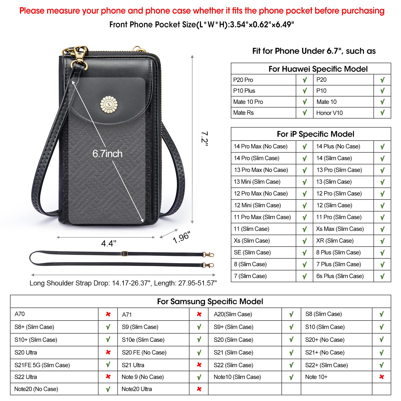 Kattee Women Crossbody Cell Phone Purse RFID Blocking PU Leather Small Phone Wallet Purses Handbags Card Holder Bags (Black)