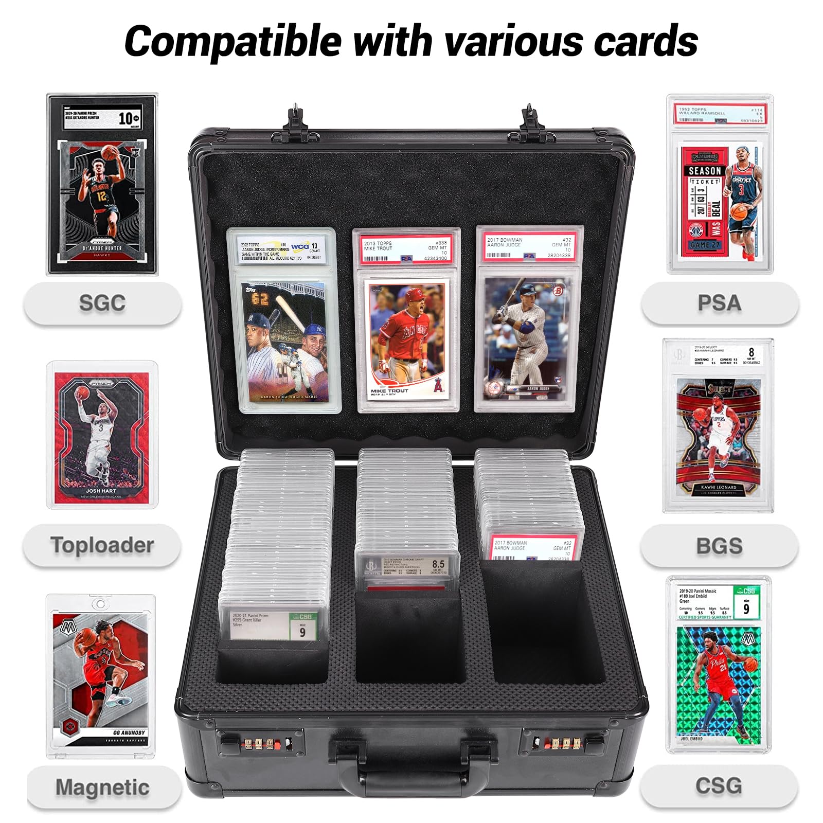 Graded Card Storage Box with Coded Lock, 120 BGS SGC PSA Graded Card Storage Box Sports Card Slab Case Waterproof Display Trading Card Case,Easy to Carry(3 Slots No Card)