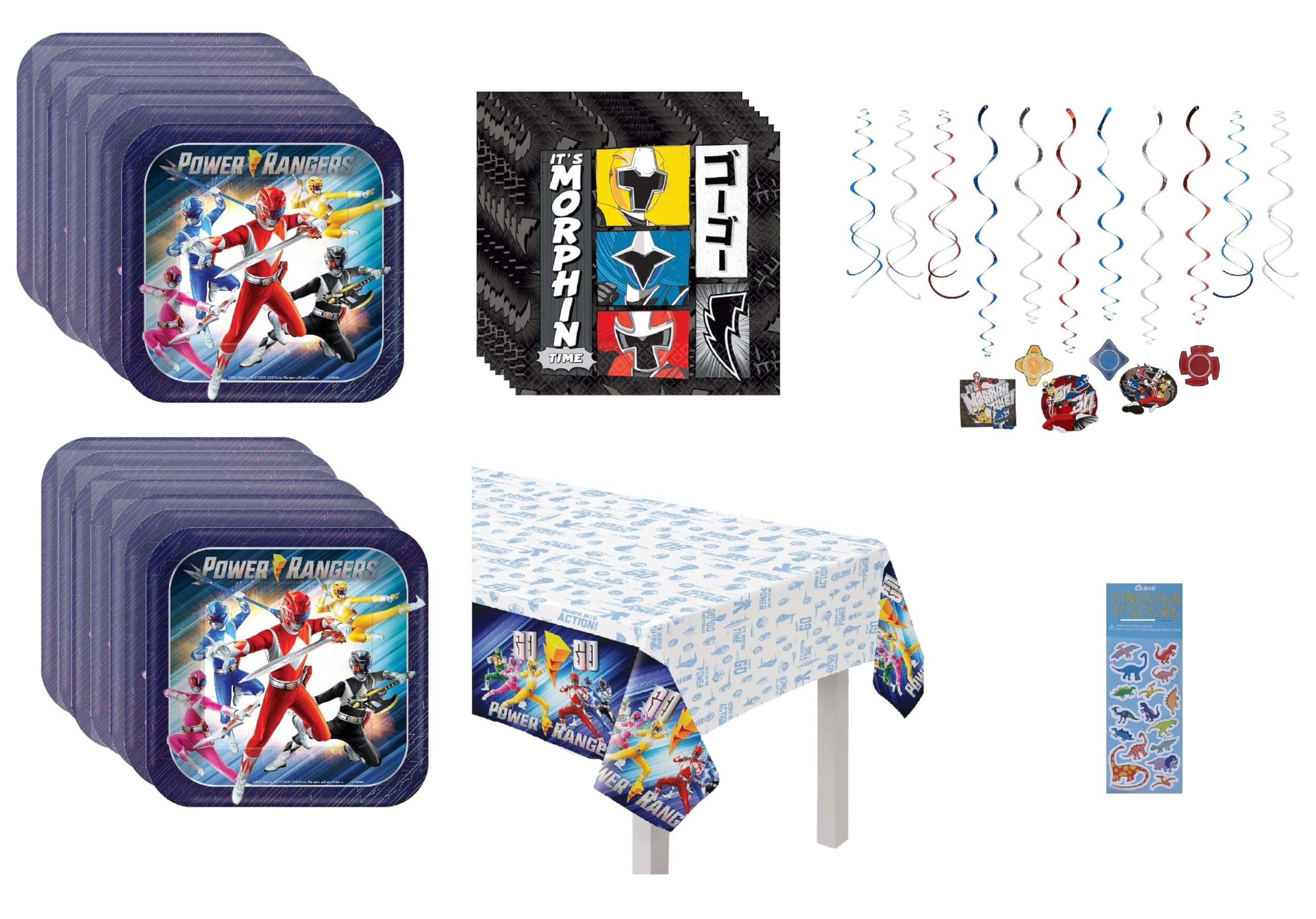 Power Rangers Birthday Party Supplies Bundle Pack includes Lunch Plates, Napkins, Table Cover, 12 Piece Hanging Swirl Decorations (Bundle for 16)