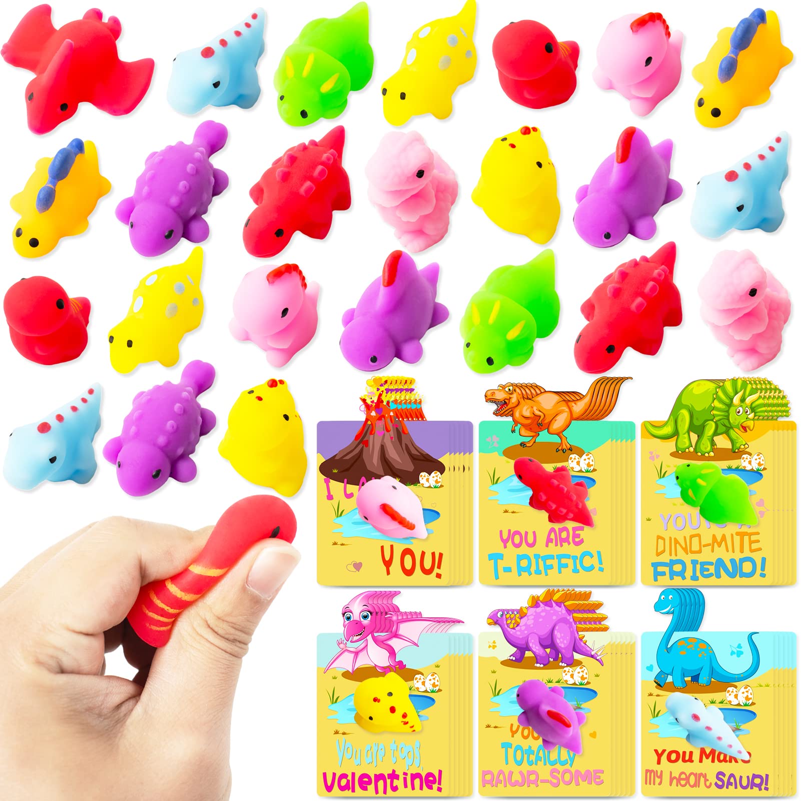 Valentines Day Cards with Squishy Gift for Kids School Classroom 36pcs Dinosaur Mochi Squishy Toys with Cards for Kids Valentines Party Favors Classroom Exchange Gifts