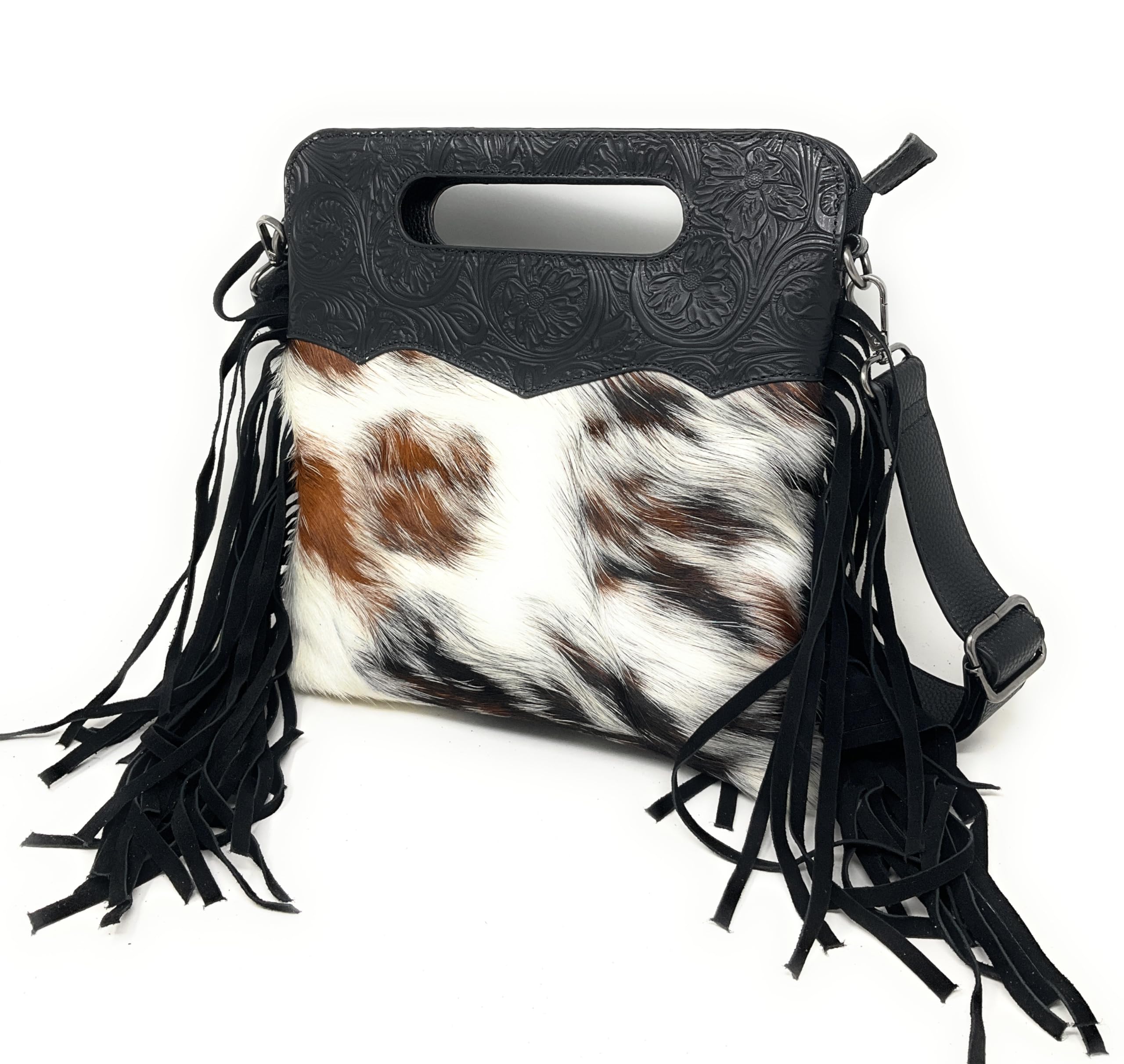 Texas West Western Women's Genuine Leather Cowhide Cowfur Fringe Crossbody Bag in 3 Colors Medium/Large (Large Black)