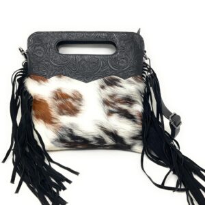 Texas West Western Women's Genuine Leather Cowhide Cowfur Fringe Crossbody Bag in 3 Colors Medium/Large (Large Black)