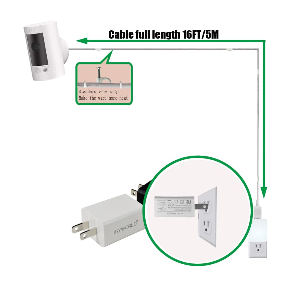 SKYWORLD16Ft Weatherproof Charge Cable for Ring Camera; Certified Ring Power Cable and Power Adapter Compatible with Stick Up Cam Battery/Plug-in 3rd Gen/2nd Gen, Spotlight Cam Battery (2Pcs)
