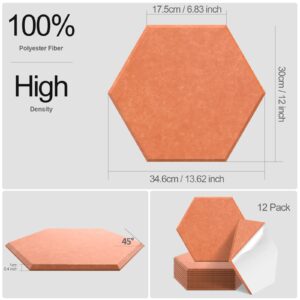 JBER Hexagon Acoustic Panels Beveled Edge Sound Proof Foam Panels Self-adhesive,14" X 12" X 0.4" High-Density Sound Absorbing Panels Wall Tiles for Acoustic Treatment, Home Office （12 Pack Orange）…