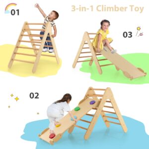 OLAKIDS Climbing Toys for Toddlers, 3 in 1 Kids Wooden Montessori Triangle Set Climber Toy with Ramp Ladder Slide for Gym Playground, Baby Indoor Climb Play Structure Activity Set for Boys Girls