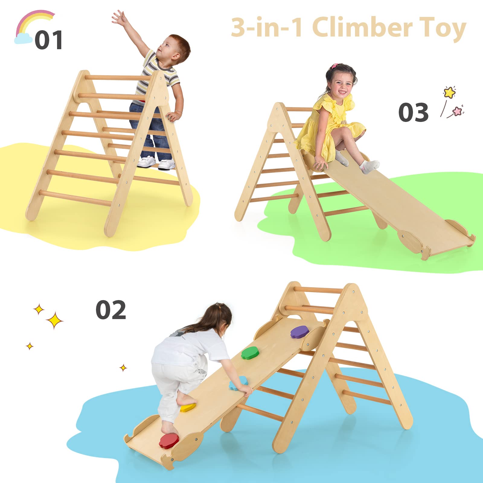 OLAKIDS Climbing Toys for Toddlers, 3 in 1 Kids Wooden Montessori Triangle Set Climber Toy with Ramp Ladder Slide for Gym Playground, Baby Indoor Climb Play Structure Activity Set for Boys Girls