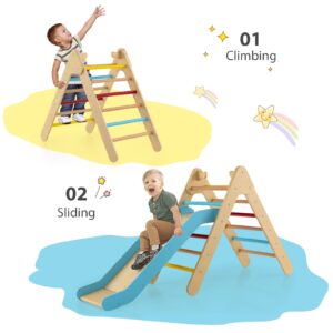 Olakids Toddlers Triangle Climber, 2 in 1 Montessori Kids Wood Climbing Toy with Ramp, Ladder, Slide for Gym Playground, Indoor Baby Climb Play Structure Activity Set for Boys Girls 1-3