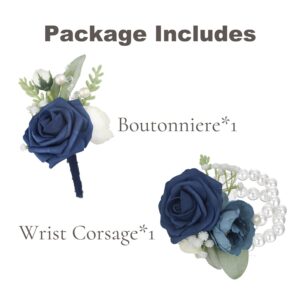 Rinlong Navy Blue Rose Corsage and Boutonniere Set for Men Wedding Homecoming Prom