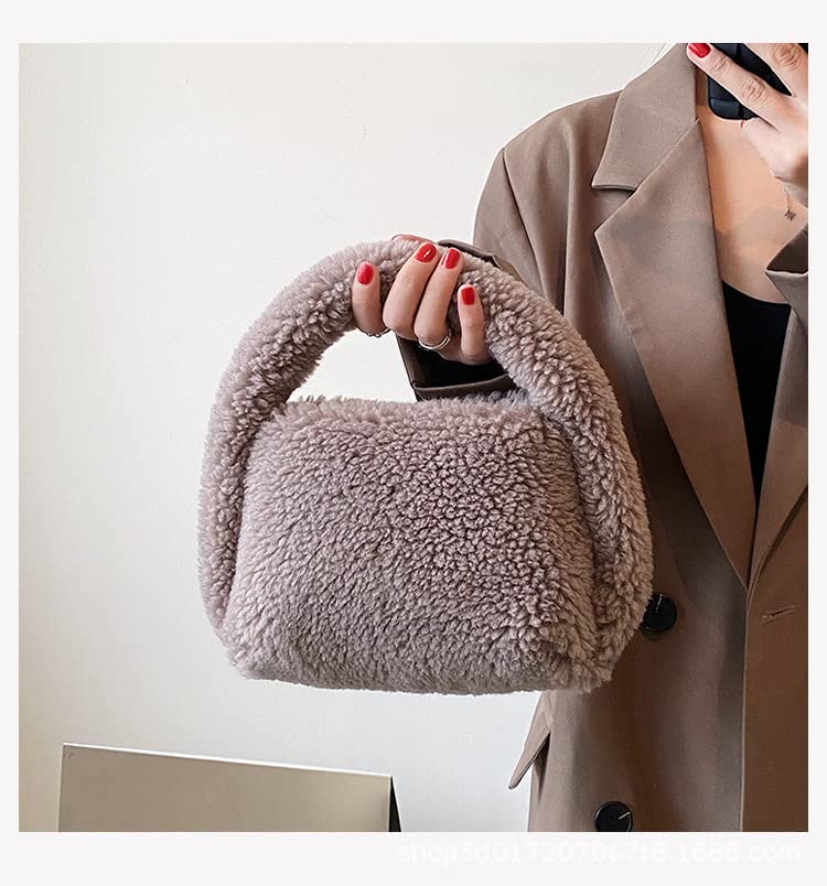 XPONNI Fuzzy Dumpling Bag, Cute Fluffy Bags Y2k, Cute Mini Handbags, Faux Fur Bag, Plush Underarm Bag (Light Brown)