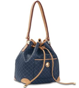 rioni sta-20089 designer signature navy blue canvas leather drawstring bucket bag shoulder bag