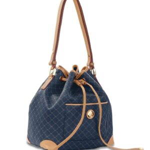 Rioni STA-20089 Designer Signature Navy Blue Canvas Leather Drawstring Bucket Bag Shoulder Bag