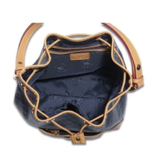 Rioni STA-20089 Designer Signature Navy Blue Canvas Leather Drawstring Bucket Bag Shoulder Bag