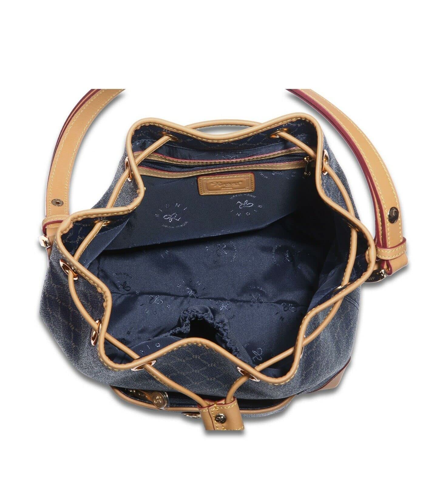 Rioni STA-20089 Designer Signature Navy Blue Canvas Leather Drawstring Bucket Bag Shoulder Bag