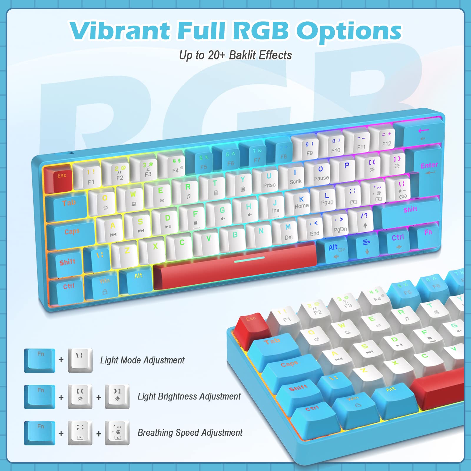 ZIYOU LANG RK-T60 Wired Mechanical Gaming Keyboard and Mouse Combo Mini Portable with Rainbow Backlit 62Key NKRO 6400DPI RGB Honeycomb Mice Coiled Aviator C Cable for PS4/PC/WIN Gamer(Blue/Red Switch)