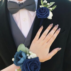 Rinlong Navy Blue Rose Corsage and Boutonniere Set for Men Wedding Homecoming Prom