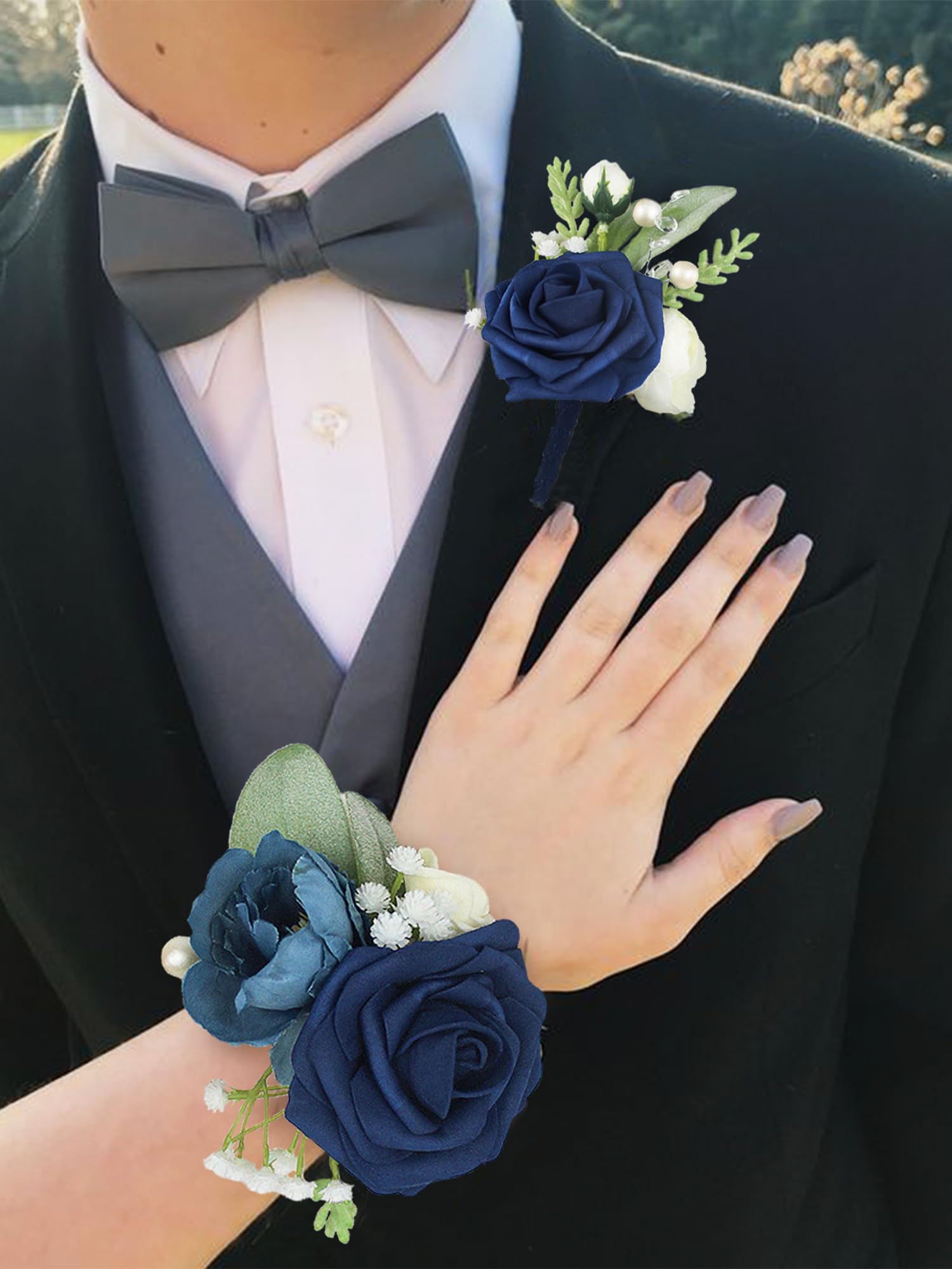 Rinlong Navy Blue Rose Corsage and Boutonniere Set for Men Wedding Homecoming Prom