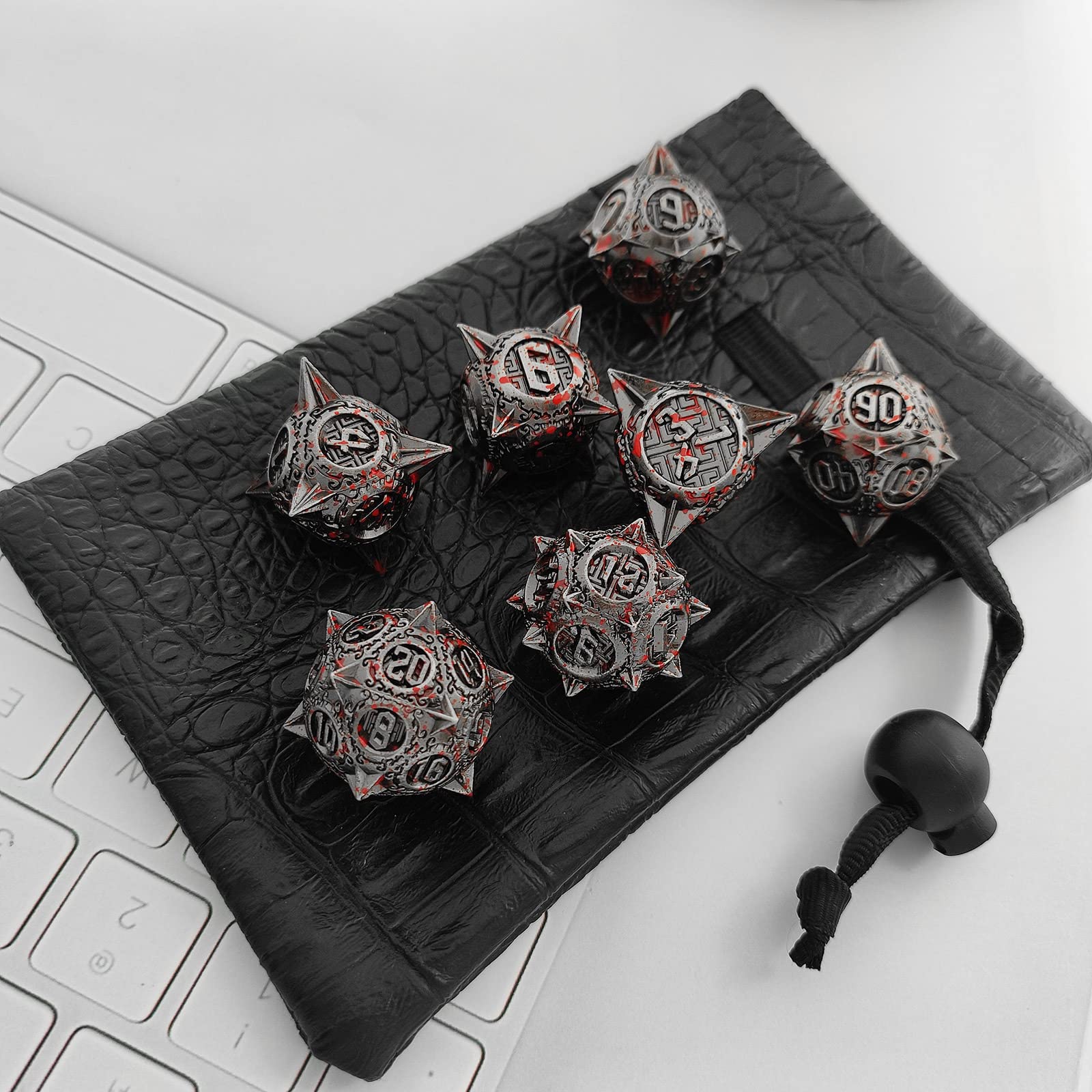 AJKDEUIH Metal DND Dice Set Dungeons and Dragons D&D RPG Polyhedral Giant Dice Set D20 D and D MTG D6 Role Playing Pathfinder Table Games Accessories with Black Dice Storage Bag-Bloodstains