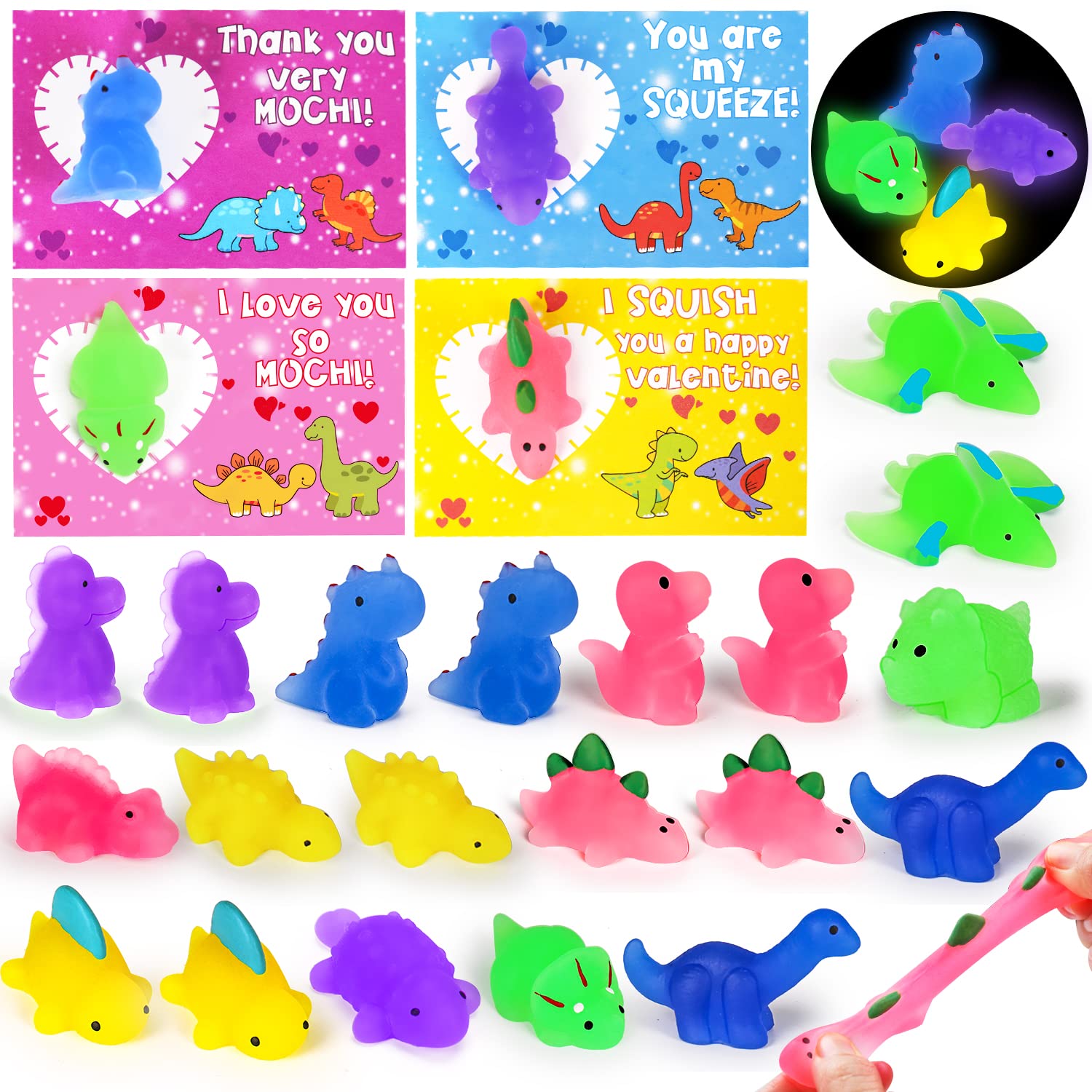 Thremhoo 26 Packs Mochi Valentine Cards for Kids Classroom Glow In The Dark Dinosaur Toys Bulk Valentines Day Gifts Kids School Exchange Preschool Toddler Valentines Day Gift Card Fidget Toys