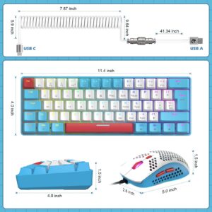 ZIYOU LANG RK-T60 Wired Mechanical Gaming Keyboard and Mouse Combo Mini Portable with Rainbow Backlit 62Key NKRO 6400DPI RGB Honeycomb Mice Coiled Aviator C Cable for PS4/PC/WIN Gamer(Blue/Red Switch)